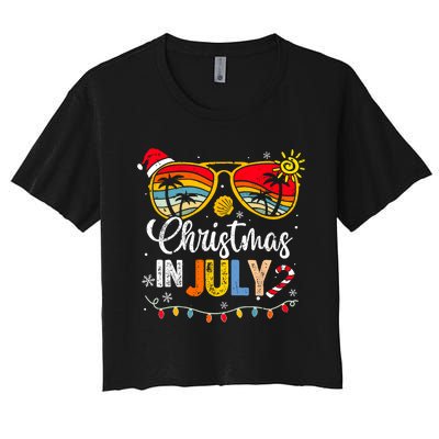 Christmas In July Santa Hat Sunglasses Summer Vacation Women's Crop Top Tee