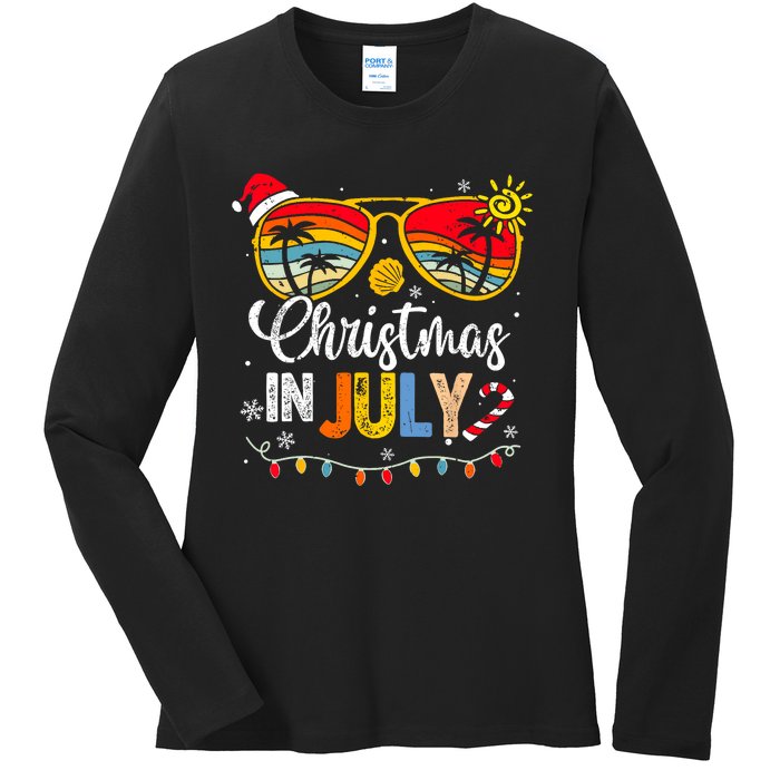 Christmas In July Santa Hat Sunglasses Summer Vacation Ladies Long Sleeve Shirt