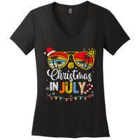 Christmas In July Santa Hat Sunglasses Summer Vacation Women's V-Neck T-Shirt