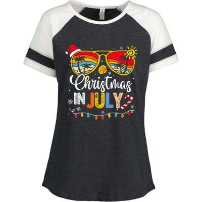 Christmas In July Santa Hat Sunglasses Summer Vacation Enza Ladies Jersey Colorblock Tee