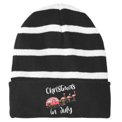 Christmas In July Funny Flamingo Pink Retro Camping Car Striped Beanie with Solid Band