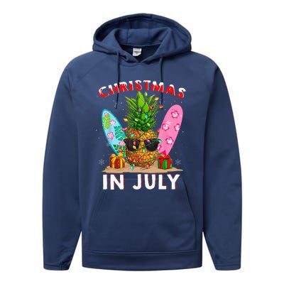 Christmas In July Pineapple Surf Santa Summer Tree Performance Fleece Hoodie