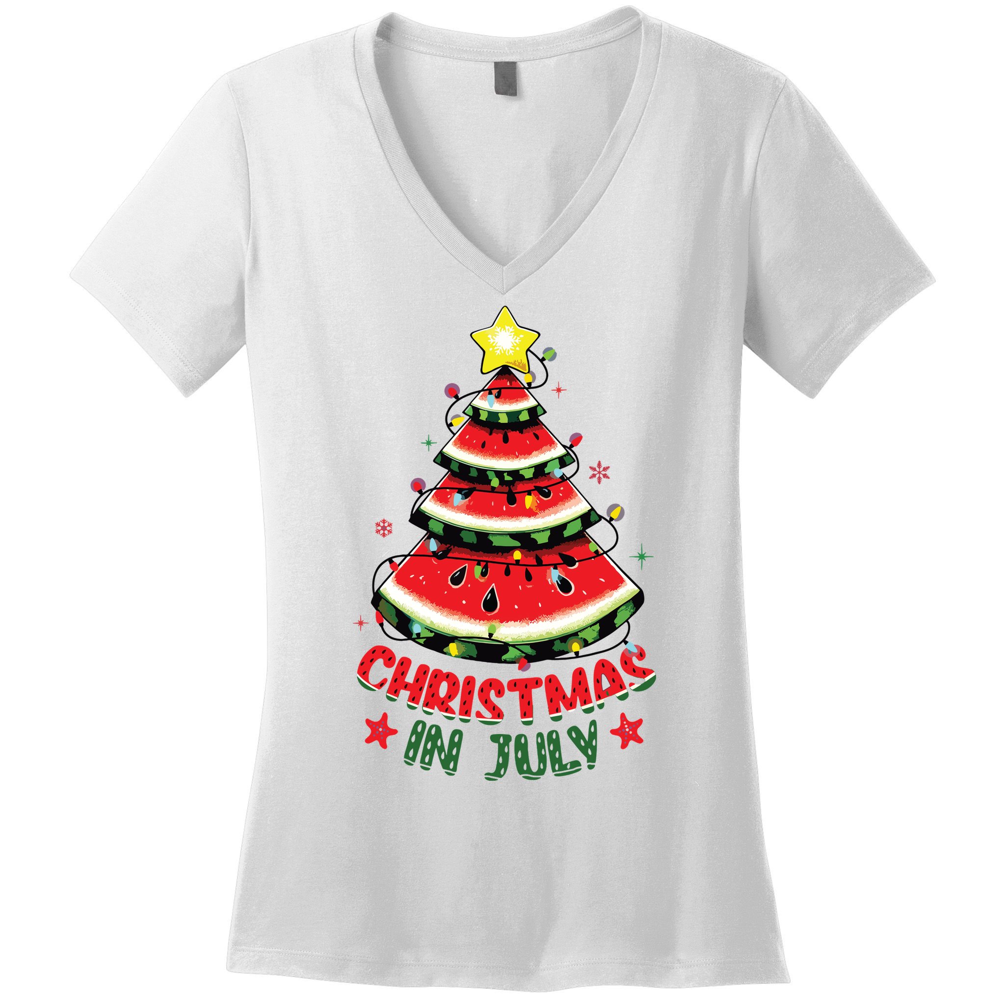Christmas In July Shirts Watermelon Xmas Tree Women's V-Neck T-Shirt