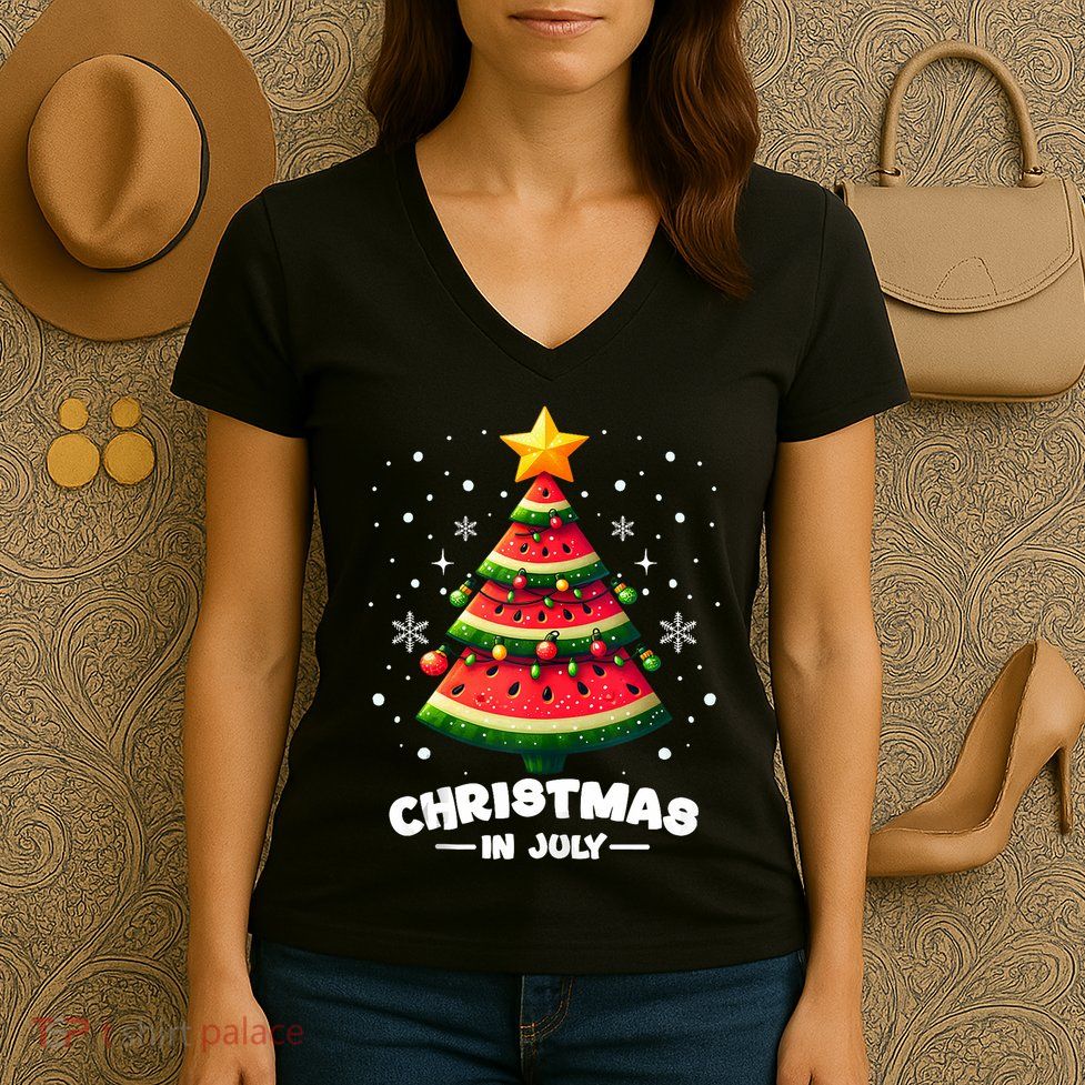 Christmas In July Watermelon Xmas Tree Summer Women's V-Neck T-Shirt