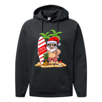 Christmas In July Santa Hawaiian Summer Surf Surfing Surfer Performance Fleece Hoodie