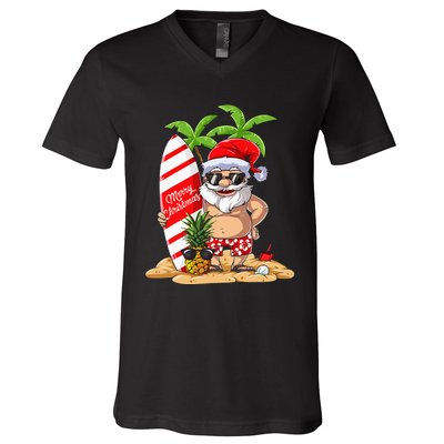 Christmas In July Santa Hawaiian Summer Surf Surfing Surfer V-Neck T-Shirt