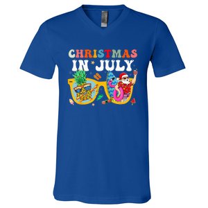 Christmas In July Santa Sunglasses Summer Beach Funny Xmas V-Neck T-Shirt