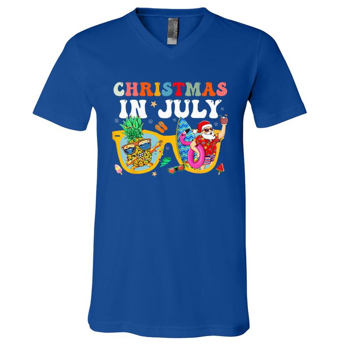 Christmas In July Santa Sunglasses Summer Beach Funny Xmas V-Neck T-Shirt