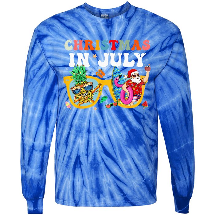 Christmas In July Santa Sunglasses Summer Beach Funny Xmas Tie-Dye Long Sleeve Shirt