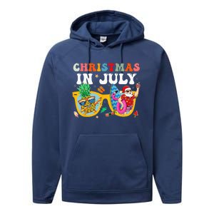 Christmas In July Santa Sunglasses Summer Beach Funny Xmas Performance Fleece Hoodie