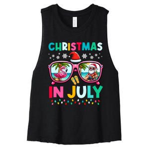 Christmas In July Flamingo Santa Beach Summer Hawaii Women's Racerback Cropped Tank