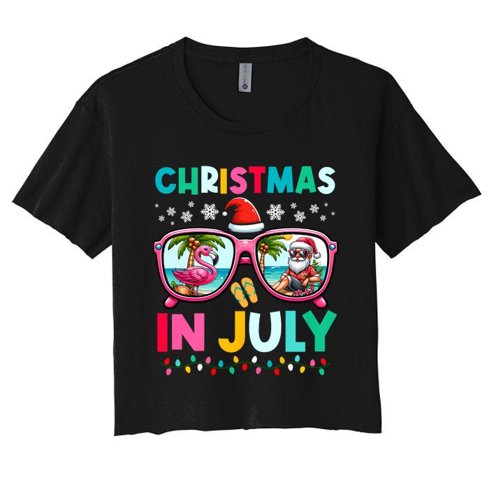 Christmas In July Flamingo Santa Beach Summer Hawaii Women's Crop Top Tee