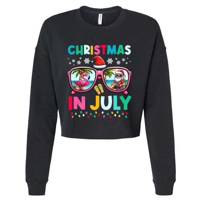 Christmas In July Flamingo Santa Beach Summer Hawaii Cropped Pullover Crew