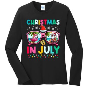 Christmas In July Flamingo Santa Beach Summer Hawaii Ladies Long Sleeve Shirt