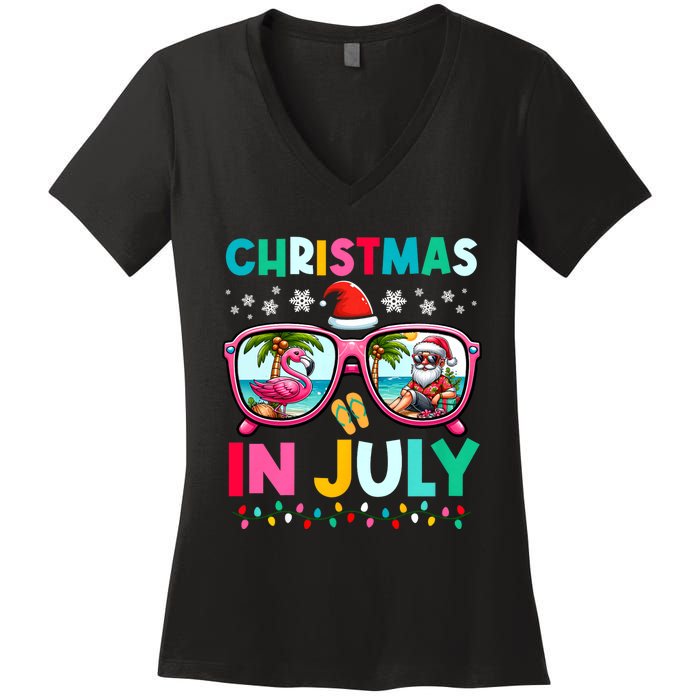 Christmas In July Flamingo Santa Beach Summer Hawaii Women's V-Neck T-Shirt