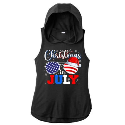 Christmas In July Santa Hat Sunglasses Usa Flag 4th Of July Ladies PosiCharge Tri-Blend Wicking Draft Hoodie Tank