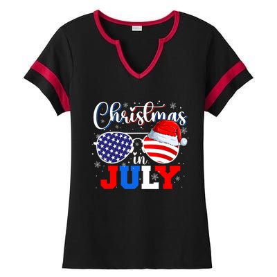 Christmas In July Santa Hat Sunglasses Usa Flag 4th Of July Ladies Halftime Notch Neck Tee