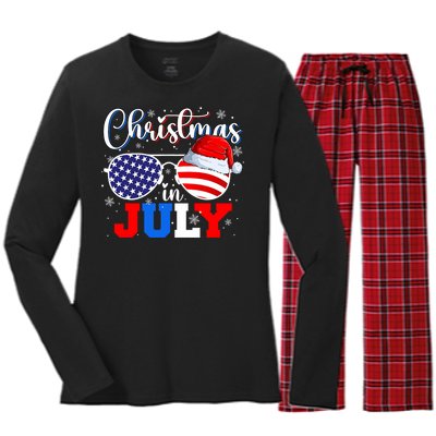 Christmas In July Santa Hat Sunglasses Usa Flag 4th Of July Women's Long Sleeve Flannel Pajama Set 