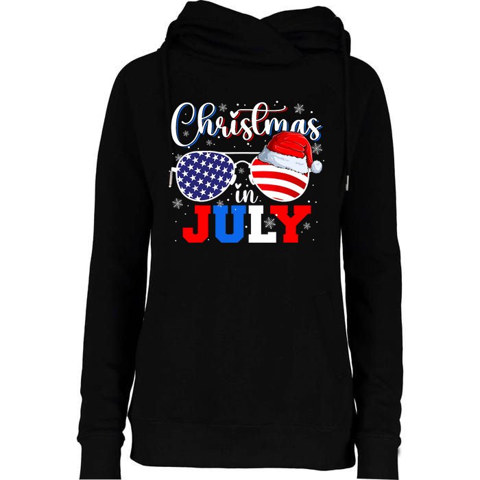 Christmas In July Santa Hat Sunglasses Usa Flag 4th Of July Womens Funnel Neck Pullover Hood