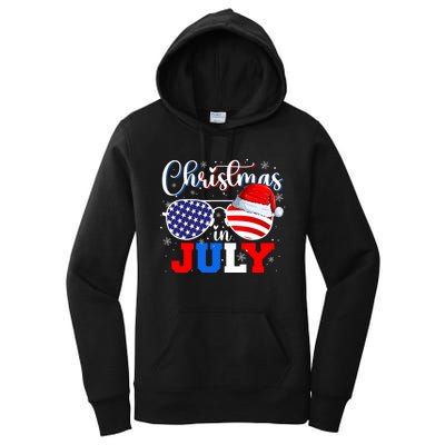 Christmas In July Santa Hat Sunglasses Usa Flag 4th Of July Women's Pullover Hoodie