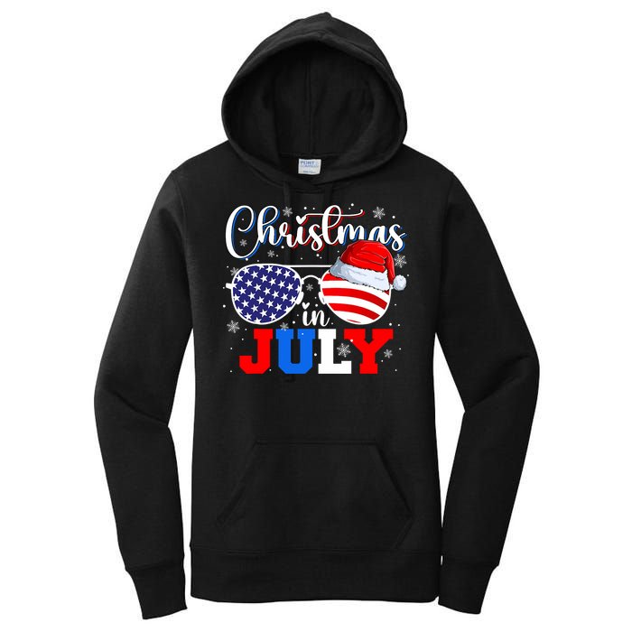 Christmas In July Santa Hat Sunglasses Usa Flag 4th Of July Women's Pullover Hoodie