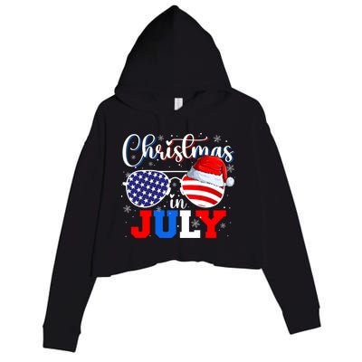 Christmas In July Santa Hat Sunglasses Usa Flag 4th Of July Crop Fleece Hoodie