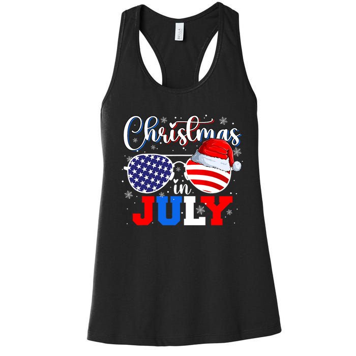 Christmas In July Santa Hat Sunglasses Usa Flag 4th Of July Women's Racerback Tank