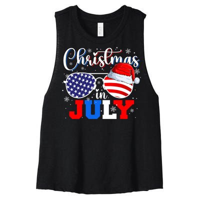 Christmas In July Santa Hat Sunglasses Usa Flag 4th Of July Women's Racerback Cropped Tank