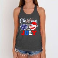 Christmas In July Santa Hat Sunglasses Usa Flag 4th Of July Women's Knotted Racerback Tank