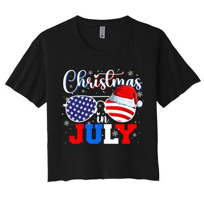 Christmas In July Santa Hat Sunglasses Usa Flag 4th Of July Women's Crop Top Tee