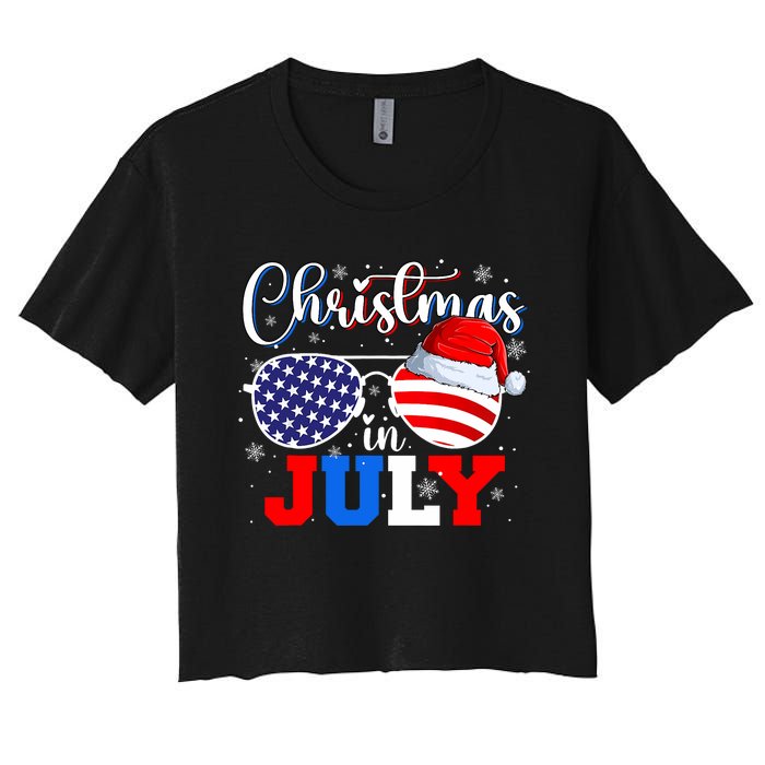 Christmas In July Santa Hat Sunglasses Usa Flag 4th Of July Women's Crop Top Tee