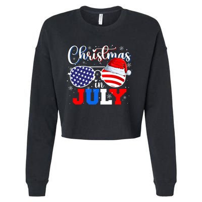 Christmas In July Santa Hat Sunglasses Usa Flag 4th Of July Cropped Pullover Crew