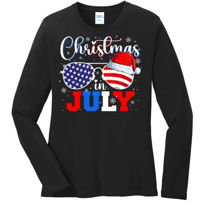 Christmas In July Santa Hat Sunglasses Usa Flag 4th Of July Ladies Long Sleeve Shirt