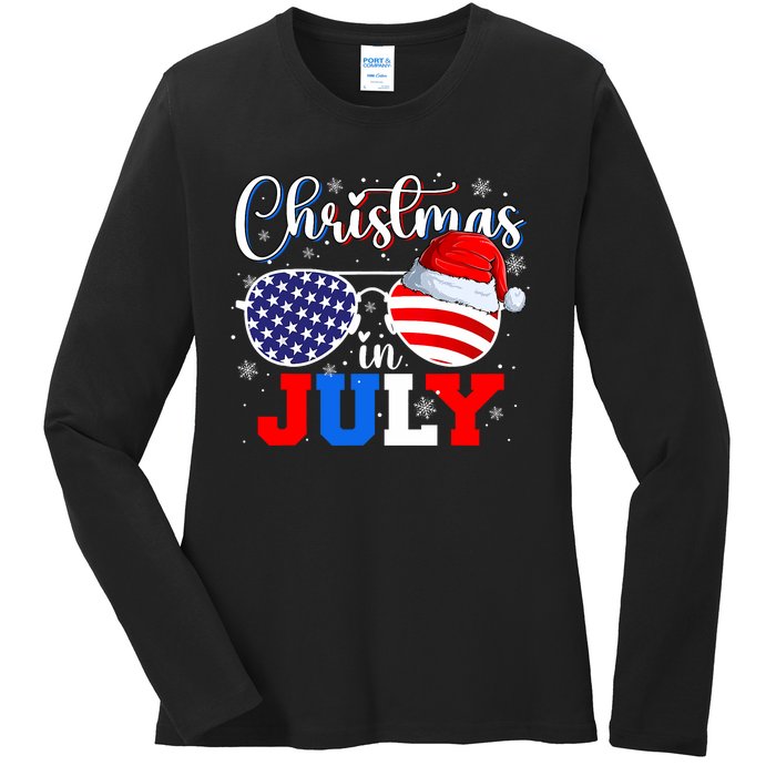 Christmas In July Santa Hat Sunglasses Usa Flag 4th Of July Ladies Long Sleeve Shirt