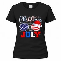 Christmas In July Santa Hat Sunglasses Usa Flag 4th Of July Women's T-Shirt