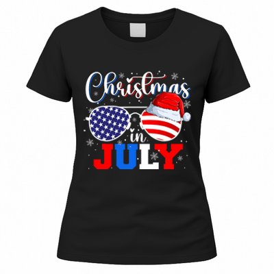 Christmas In July Santa Hat Sunglasses Usa Flag 4th Of July Women's T-Shirt