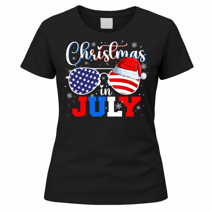 Christmas In July Santa Hat Sunglasses Usa Flag 4th Of July Women's T-Shirt