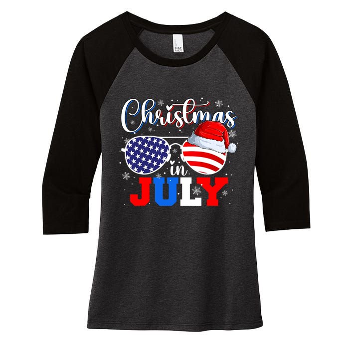 Christmas In July Santa Hat Sunglasses Usa Flag 4th Of July Women's Tri-Blend 3/4-Sleeve Raglan Shirt