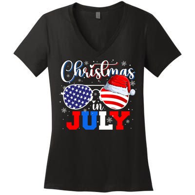 Christmas In July Santa Hat Sunglasses Usa Flag 4th Of July Women's V-Neck T-Shirt