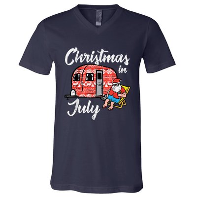 Christmas In July Santa Camping Funny Xmas V-Neck T-Shirt