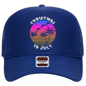 Christmas In July Xmas Dolphins Santa Carriage Beach Party Gift High Crown Mesh Back Trucker Hat