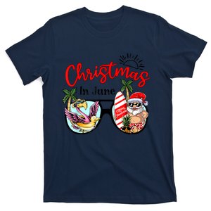 Christmas In June Sunglasses Santa Flamingo Summer Vacation T-Shirt