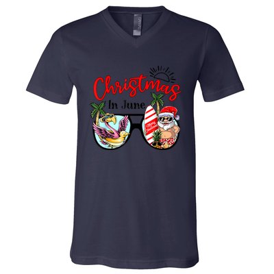 Christmas In June Sunglasses Santa Flamingo Summer Vacation V-Neck T-Shirt