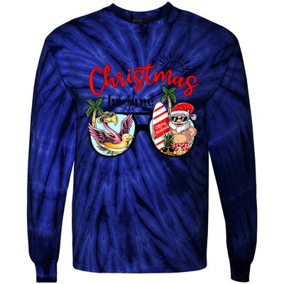 Christmas In June Sunglasses Santa Flamingo Summer Vacation Tie-Dye Long Sleeve Shirt