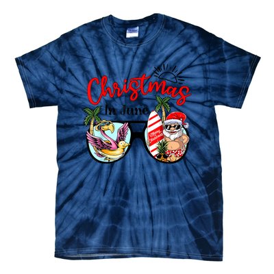 Christmas In June Sunglasses Santa Flamingo Summer Vacation Tie-Dye T-Shirt