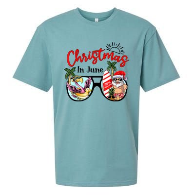 Christmas In June Sunglasses Santa Flamingo Summer Vacation Sueded Cloud Jersey T-Shirt