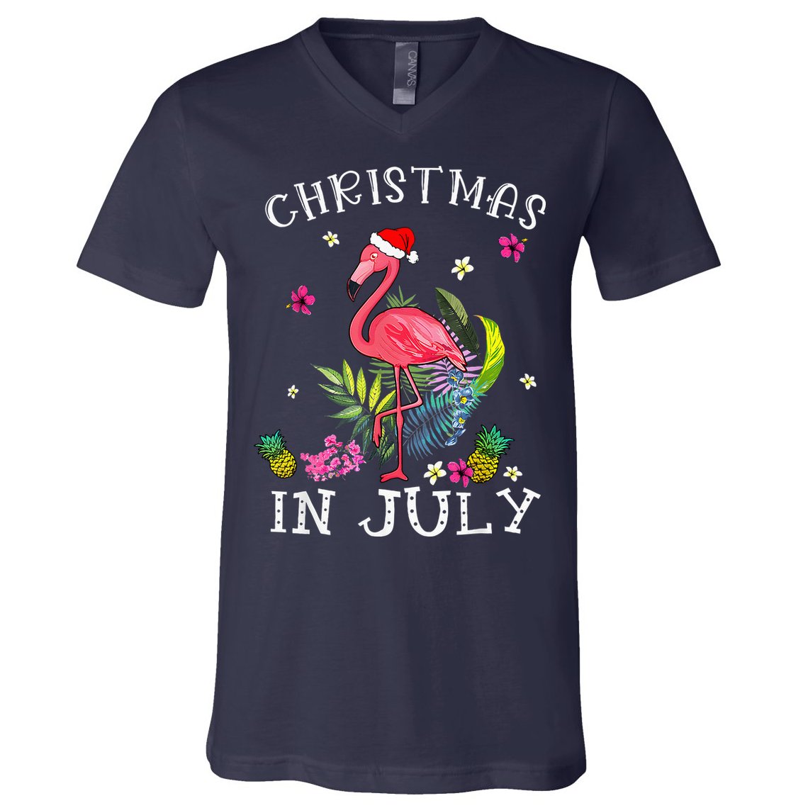 Christmas In July For Women Pink Flamingo V-Neck T-Shirt