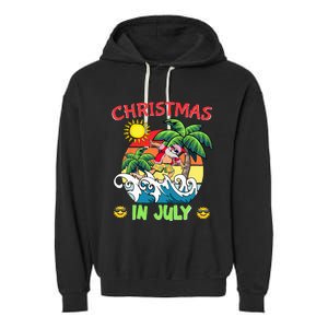 Christmas In July Funny Santa Surfing Summer Beach Vacation Garment-Dyed Fleece Hoodie