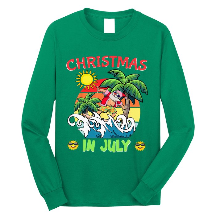 Christmas In July Funny Santa Surfing Summer Beach Vacation Long Sleeve Shirt