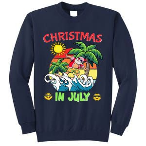 Christmas In July Funny Santa Surfing Summer Beach Vacation Tall Sweatshirt